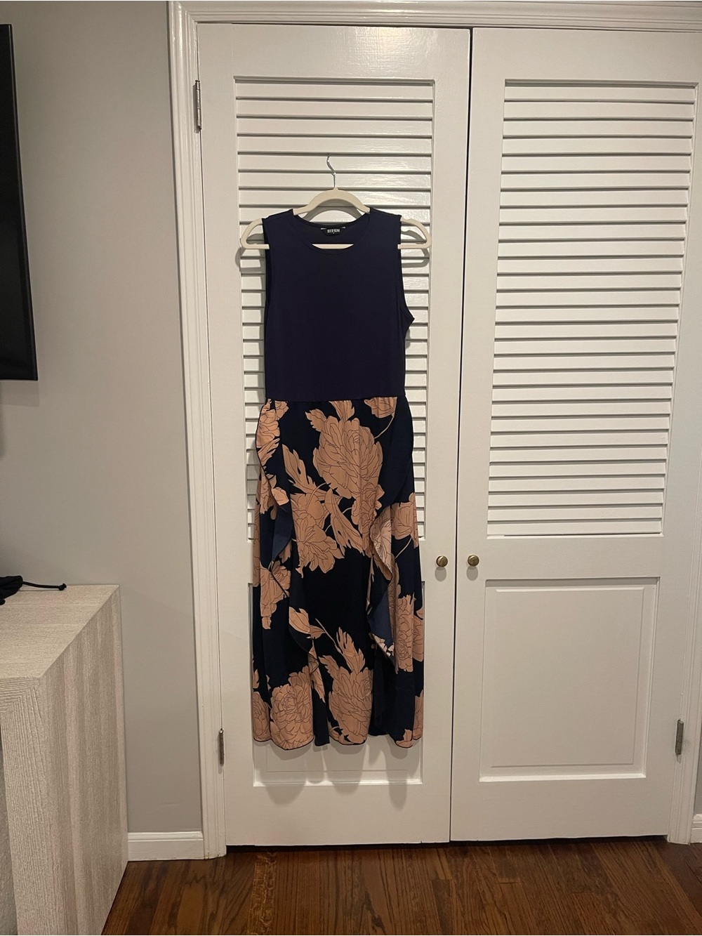 Sleeveless Navy Midi Dress with Blush Floral Skirt